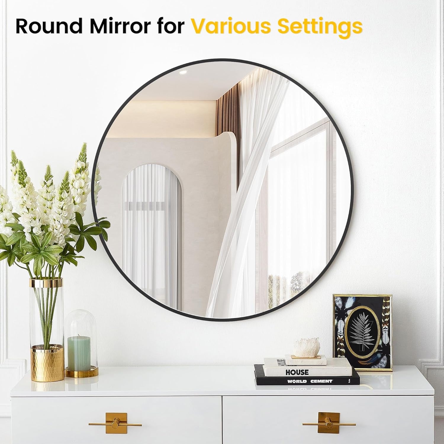 Round Mirror, 32 Inch Circle Mirror, Black Metal Frame round Mirrors for Wall, Bathroom Mirrors for Wall Decor, Wall Mirrors for Entryway, Living Room, Dining Room, Easy to Install-2