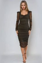Black Ruched Mesh Bodycon Midi Dress-0
