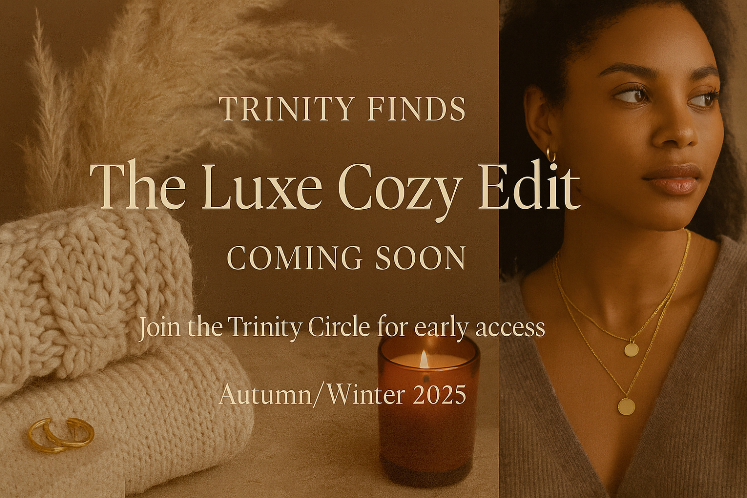 Promotional image for 'The Luxe Cozy Edit' by Trinity Finds with a candle, knitted blanket, and woman wearing jewelry.