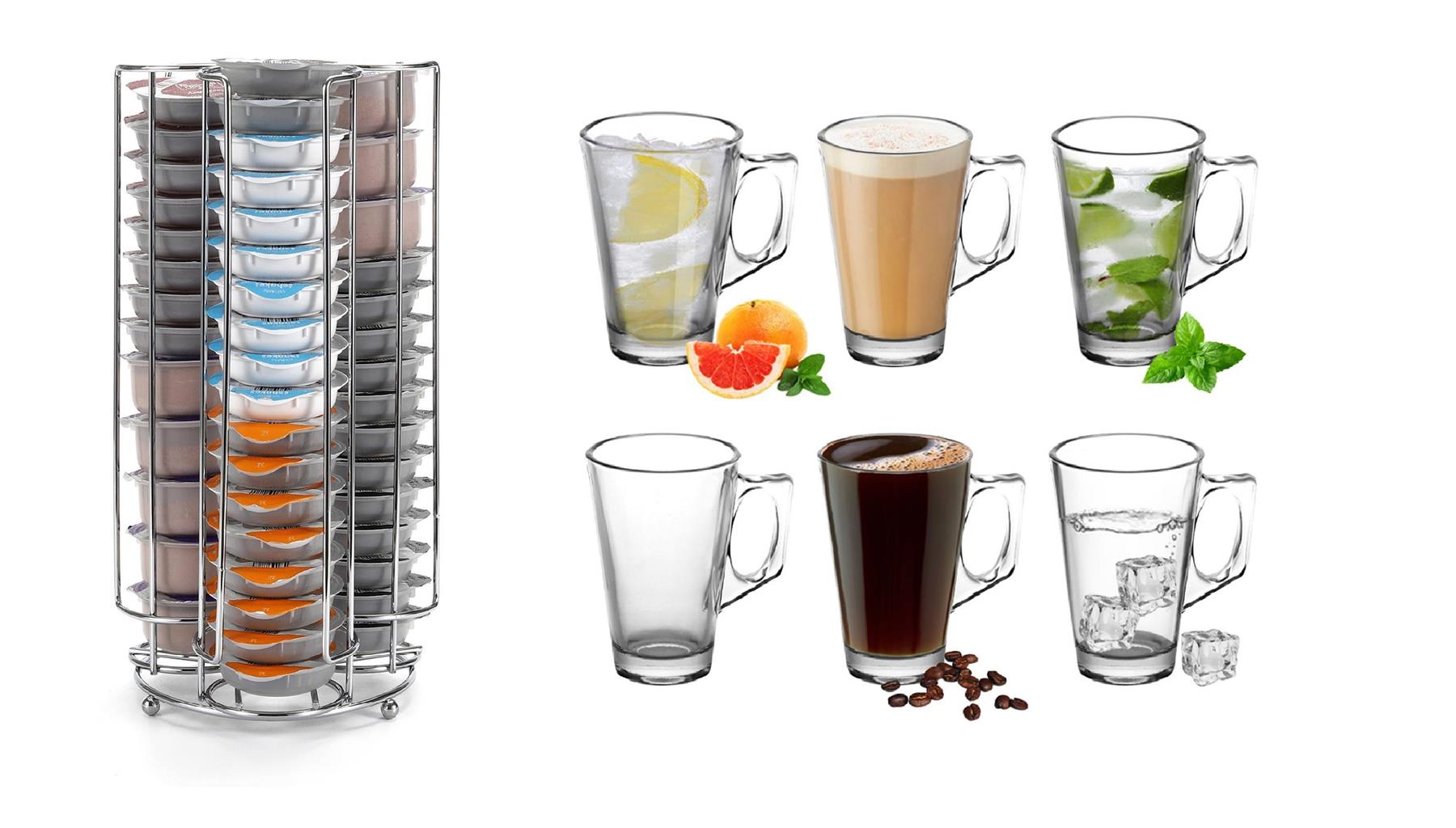 VINSANI Latte Glass & Coffee Pod Stand Set (6-Piece Glass Set + 48-Pod Holder)