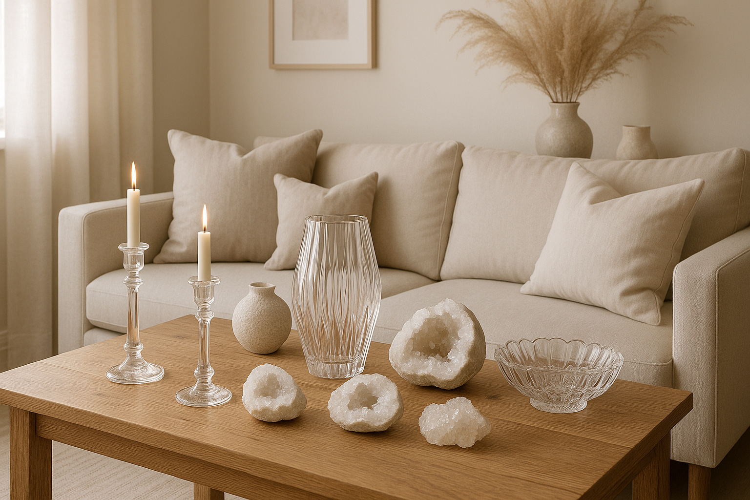 A living space showcasing home decor. Use neutral tones, glassware/crystals. 