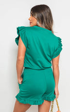 Plain Frill Peplum Sleeve Top Shorts Co-ord Set- Green