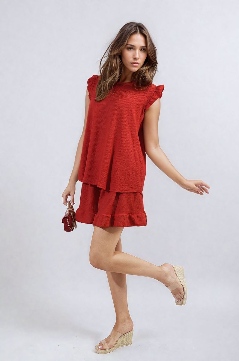 Ruffle Trim Sleeve Top and Shorts Co-ord Set-13